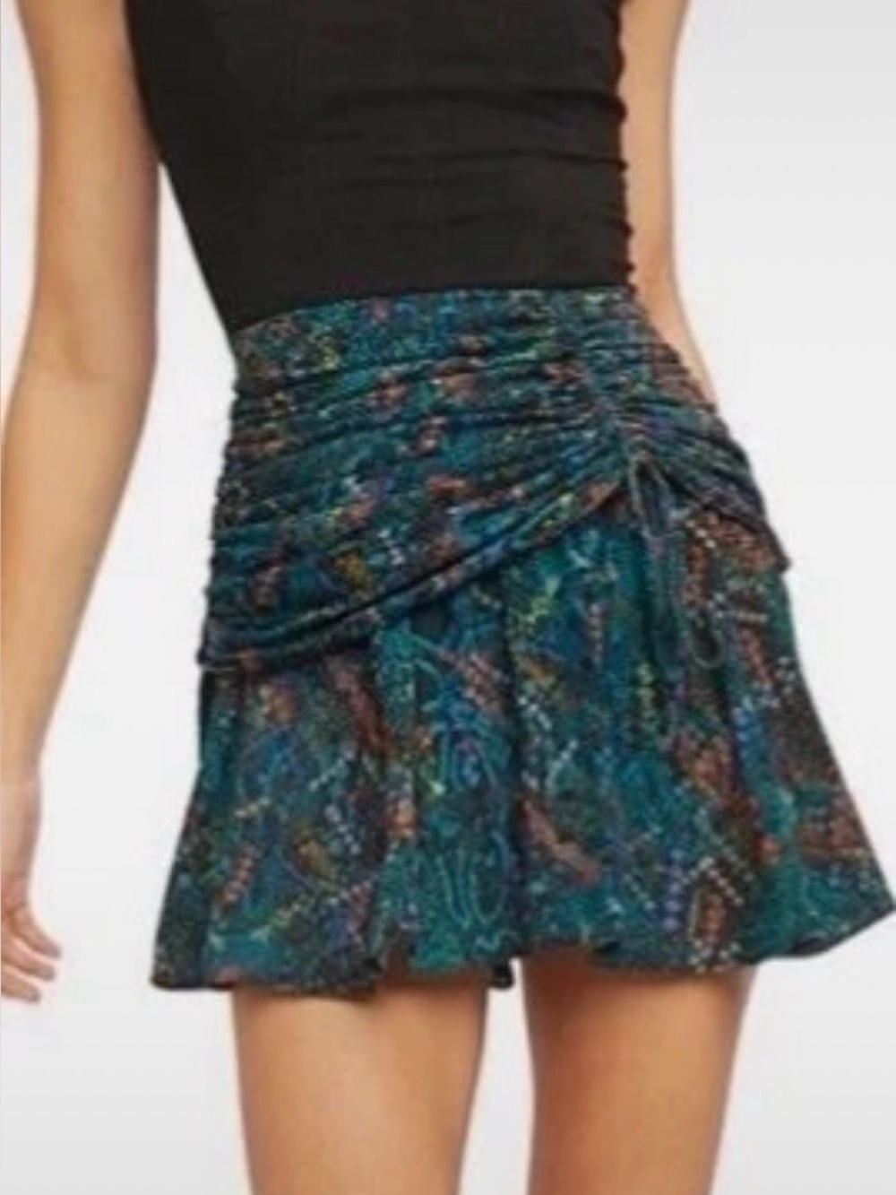 Free People Saturday Sun Black Multi Print Ruched Mini Skirt size 8